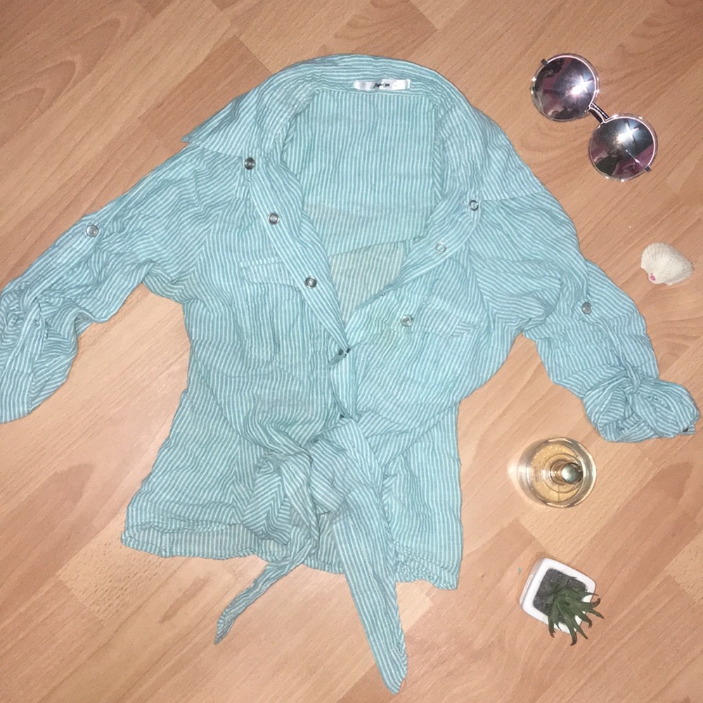 Half Sleeve Button Down Tie Front Top